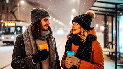 Young couple smiling and holding coffee cups in snowy street at night