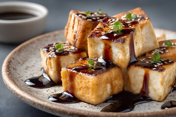 Golden Fried Tofu Cubes with Soy Glaze and Microgreens Image