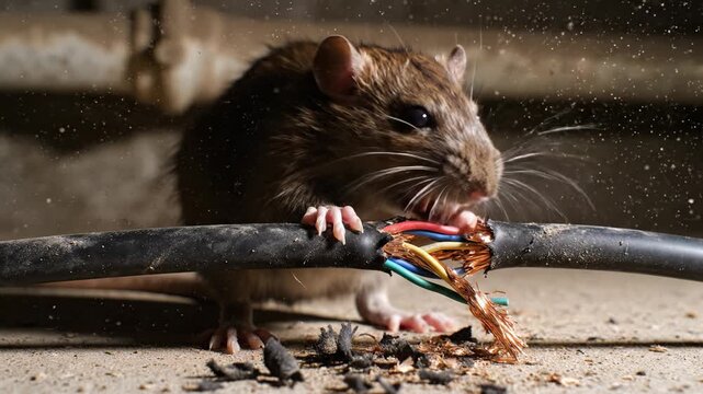 Close up of brown rat gnawing through black electrical cable exposing copper wires. Scene highlights danger of rodent infestation and short circuit risks in basements or industrial areas.