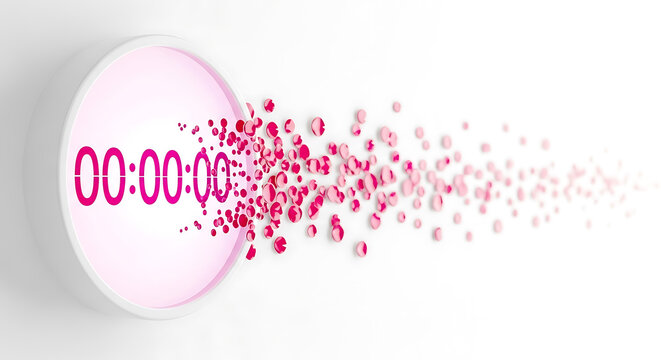 Countdown timer striking zero hour with pink confetti burst