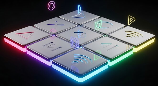 Isometric view of smart home automation devices with glowing led lights on a dark background