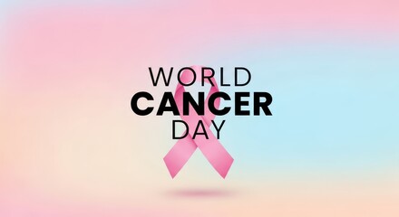 World cancer day pink ribbon symbol on a soft pastel gradient background, representing breast cancer awareness and solidarity