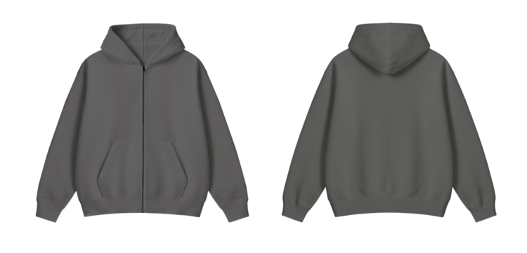 Gray Zipper Hoodie Mockup Front and Back on Transparent Background
