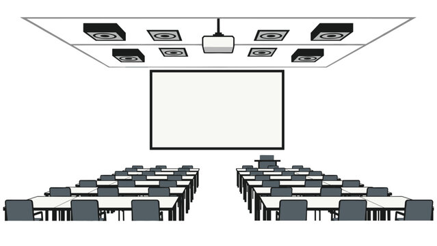 Dynamic presentation room with projector screen and seating arrangement ideal for corporate training, lectures, and business meetings