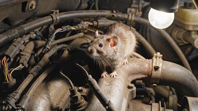 Brown rat sits on dusty car engine block under bright light. Scene illustrates rodent infestation and wire damage risks, suitable for mechanic or pest control concepts.