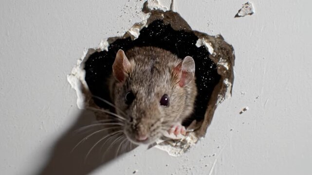 Close up of a small grey mouse looking through a jagged hole in a white drywall. Concept of pest infestation, curiosity or home repair. Ideal for extermination services and humor.