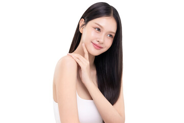 Portrait beautiful young Asian woman with K beauty style makeup and perfect skin on isolated white...