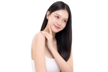 Portrait beautiful young Asian woman with K beauty style makeup and perfect skin on isolated white background. Facial and skin care concept, PNG file format transparent background.