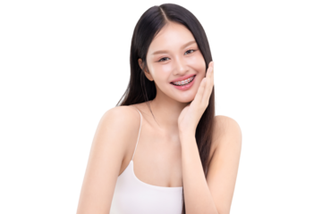 Asian woman smiling confidently while showing her dental braces on transparent background, PNG file format. Conveys beauty, dental care, confidence, and oral health concepts.