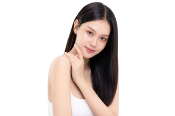 Portrait beautiful young Asian woman with K beauty style makeup and perfect skin on isolated white background. Facial and skin care concept, PNG file format transparent background.