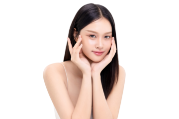 Portrait beautiful young Asian woman with K beauty style makeup and perfect skin on isolated white background. Facial and skin care concept, PNG file format transparent background.