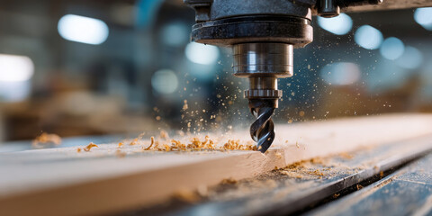 Close-up of a drill bit cutting into a wooden plank with wood shavings flying in a woodworking workshop environment