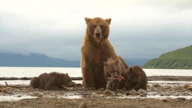 Adult brown bear with three cubs eating their prey next to lake