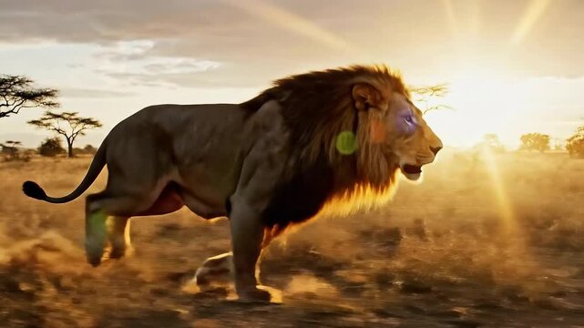 Lion running aggressively through African savanna at sunset