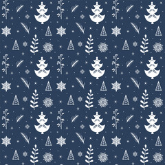 Seamless vector pattern on winter theme minimalistic Scandinavian style. Styled Christmas trees, snowflakes, twigs, stars on dark blue background. Perfect for Christmas backgrounds, textiles and cover