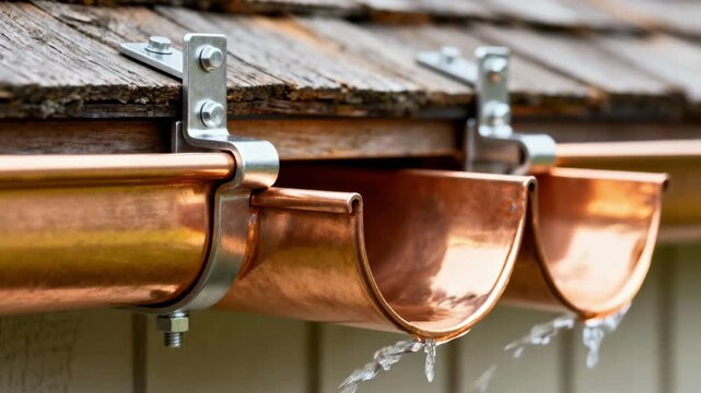 Closeup on copper gutter sections being secured to roof fascia emphasizing durability and elegant rainwater management solutions.