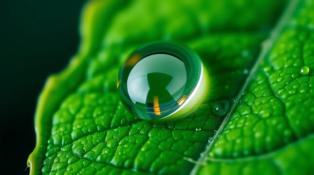 An ultra-realistic macro shot of a single dewdrop on a vibrant green leaf, magnifying the intricate veins of the leaf and the distorted reflection within the droplet