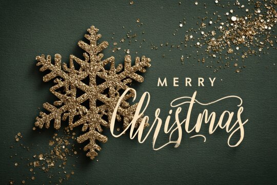 Elegant golden glitter snowflake with merry christmas text on dark green