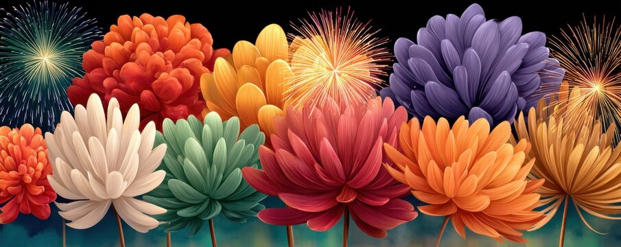 Colorful fireworks burst across a dark night sky, creating a festive, vibrant celebration backdrop today.