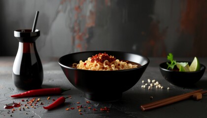 Delicious Spicy Noodles and Soy Sauce in Black Bowls on a Rustic Background