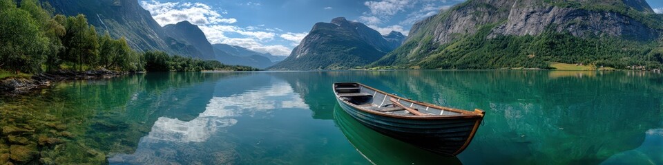 Fototapeta premium Breathtaking Panoramic View of Lovatnet Lake, Norway: A Beautiful Deep Blue Day with a Calm Boat on Scenic Waters