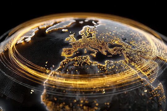 Global digital globe with golden network rings highlighting Europe and connected world - Powered by Adobe
