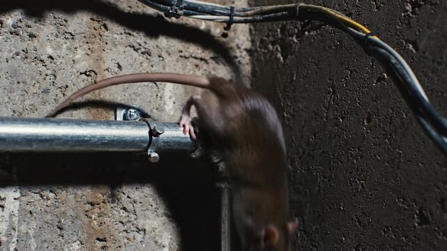 Brown rat runs along metal pipe against rough concrete wall in basement. Scene depicts urban pests and hygiene issues, suitable for extermination or sanitation concepts.