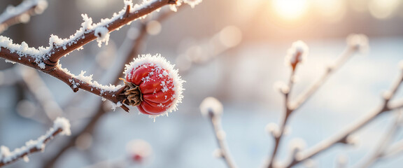 Red fruit covered in frost on tree branches during winter sunrise  