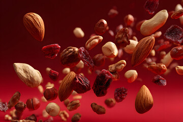 Mix of nuts and dried fruits floating against a vibrant red background for healthy snacking ideas