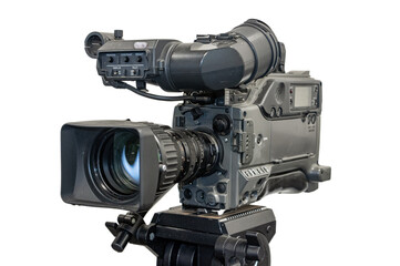 Old studio video camera on tripod, isolated on white background