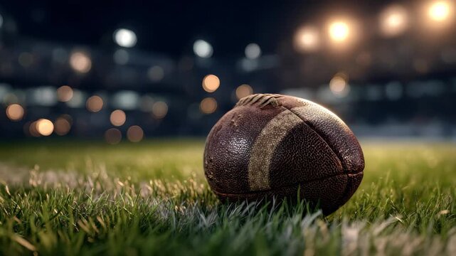 Football resting on the grass in a brightly lit stadium during a night game with blurred crowd in the background