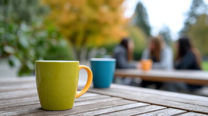 Close-up of colorful coffee mugs on wooden table with blurred group of people socializing outdoors in autumn park