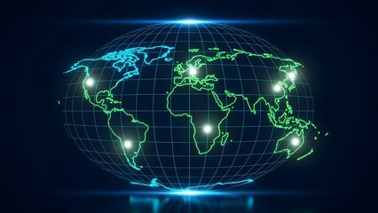 Digital world map with glowing cities and network connections on dark background