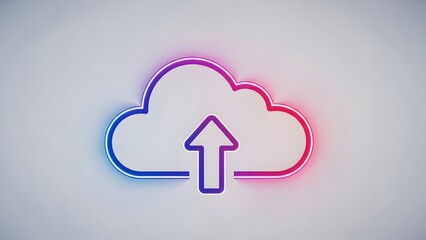 Neon cloud upload icon glowing with blue and pink light against a white background