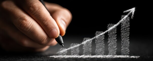 Hand draws chalk upward chart illustrating growth, progress, and rising business potential