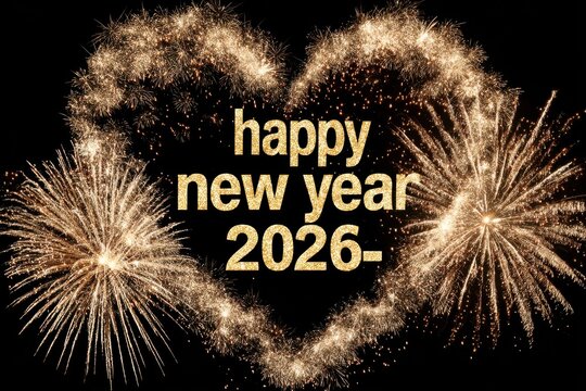 Heart-shaped fireworks display with golden text reading 'Happy New Year 2026'