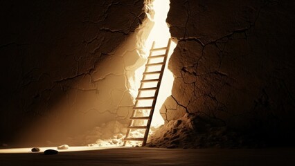 Sunbeam shines through cracked earthen walls illuminating scene