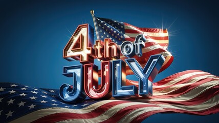 Patriotic 4th of July inscription sits atop an undulating, red, white and blue American flag