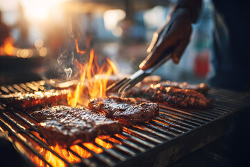 Grilling juicy steaks at dusk in an outdoor backyard barbecue gathering