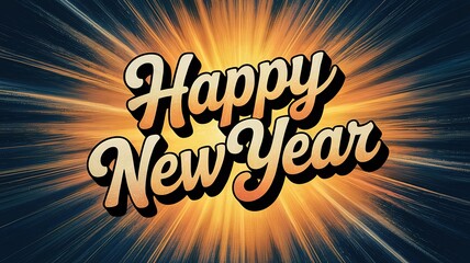 Bold retro style Happy New Year text explodes with golden rays across space