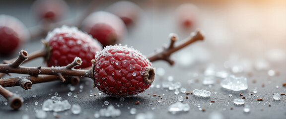 Ripe lychee fruit with frost on branch and ice crystals