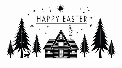 Obraz premium Happy easter greeting with a rustic cabin pine trees a deer and a starry sky creating a charming woodland holiday scene