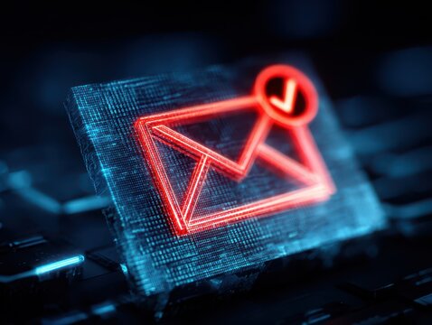 Futuristic Interface Displaying Approved Email & Spam Messages - 3D Mail Icons in Blue and Red