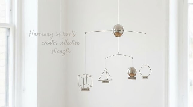 Modern geometric metal mobile hanging indoors