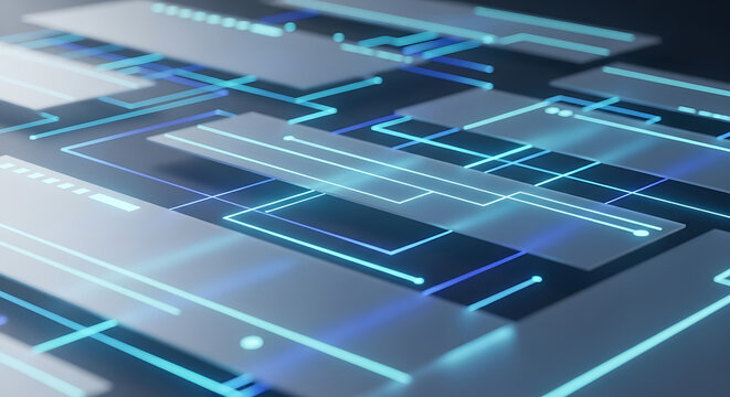 Abstract Futuristic Digital Background with Glowing Neon Lines and Interconnected Circuitry Panels