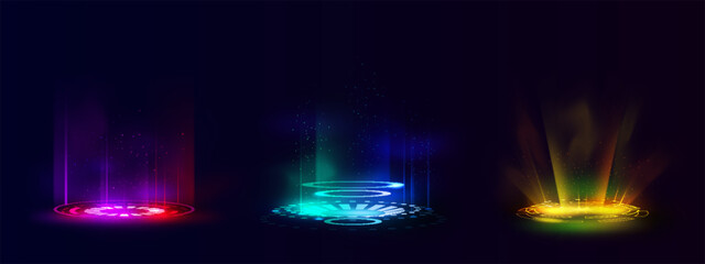 Colorful hologram futuristic circle portal vector set, magic light round teleport with glow rays and sparks, energy ring