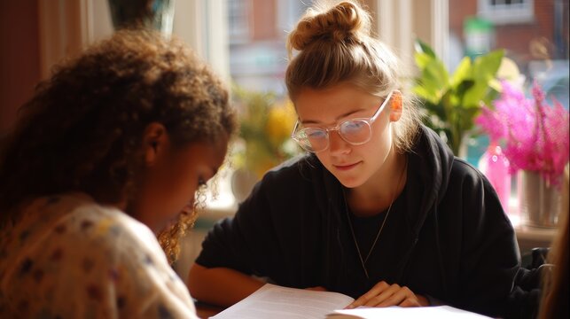 Two young women studying together in a cozy cafe during a sunny afternoon