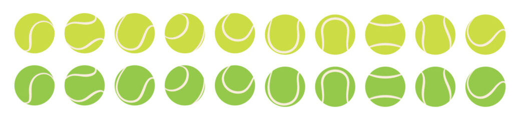 Collection of yellow and green tennis balls with different seam patterns. Flat vector illustration isolated on a white background.