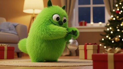 Cheerful fuzzy character amid ornaments and wrapped presents