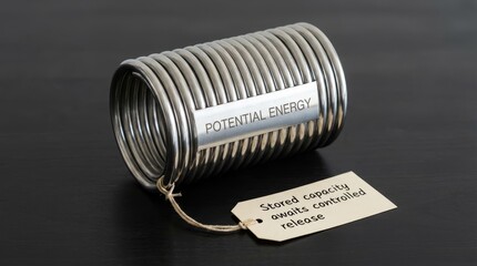 Metal coil representing potential energy with descriptive tag
